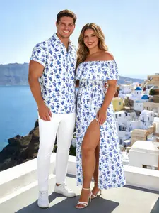 DRESSLILY 2026 Vacation Couple Outfit Women's Ditsy Floral Patten Off the Shoulder Slit Long Dress and Men's Short Sleeve Shirt Summer Matching Set