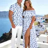 DRESSLILY 2026 Vacation Couple Outfit Women's Ditsy Floral Patten Off the Shoulder Slit Long Dress and Men's Short Sleeve Shirt Summer Matching Set