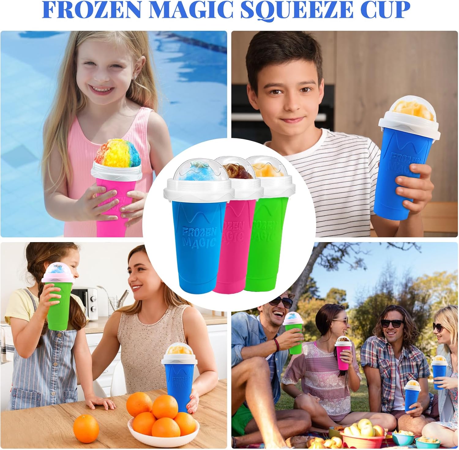 Slushie Cup, Slushy Maker Cup, Frozen Magic Squeeze Cups for Juice Milk Yogurt Ice Cream Make, DIY Smoothie Cooling Cup with Lid & Straw for Kids Friends Family (Blue+Pink)
