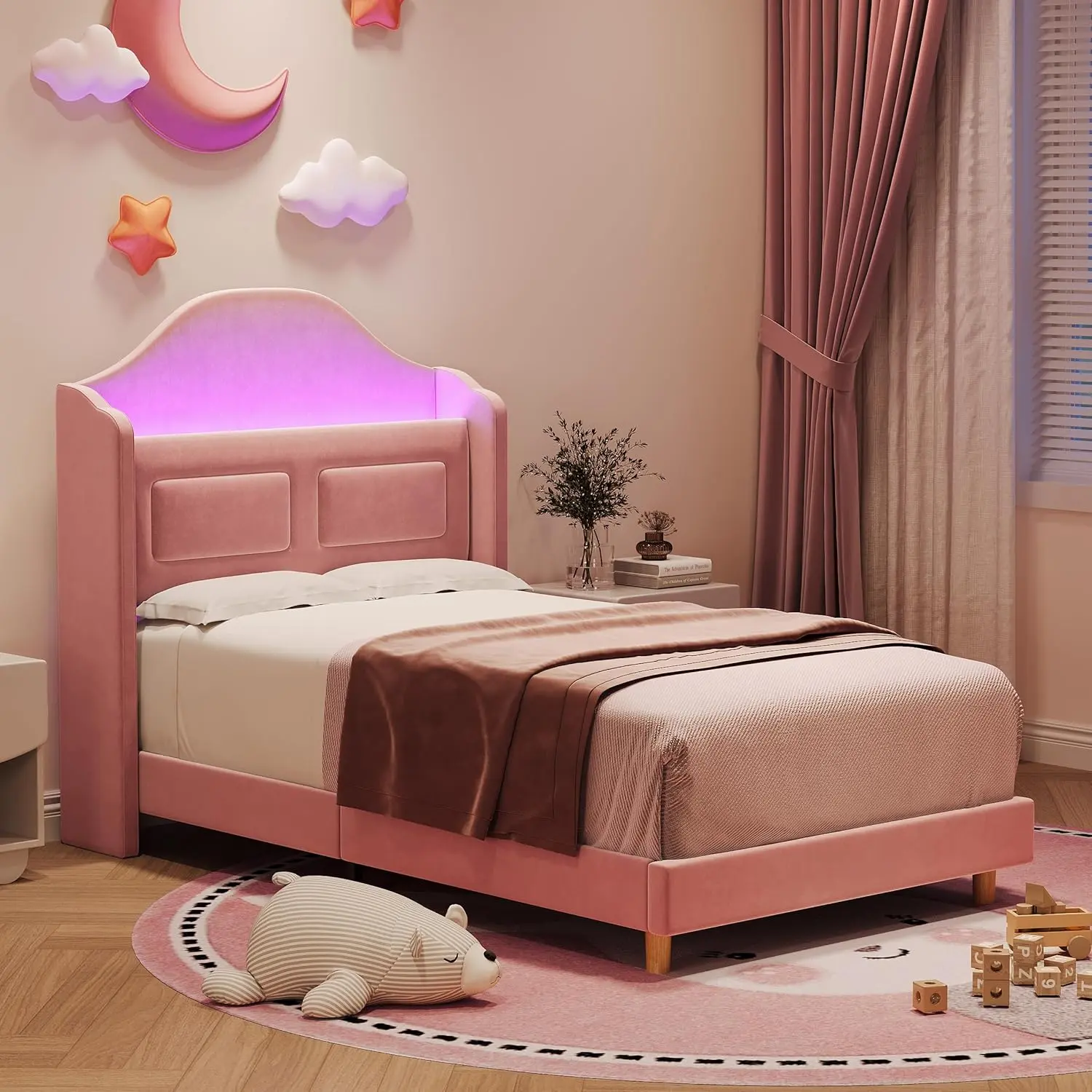 Gaomon Twin Size Velvet Wingback Platform Bed, Pink LED Frame with Throne Headboard, Secret Storage, 10-Min Setup, Silent Wood Slats, No Box Spring Needed
