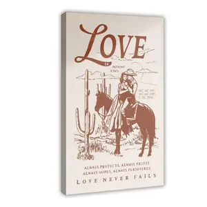 Coastal Cowgirl Aesthetic Wall Art "Love is Patient" Western Couple Poster Vintage Desert Cactus Canvas Print Boho Room Decor