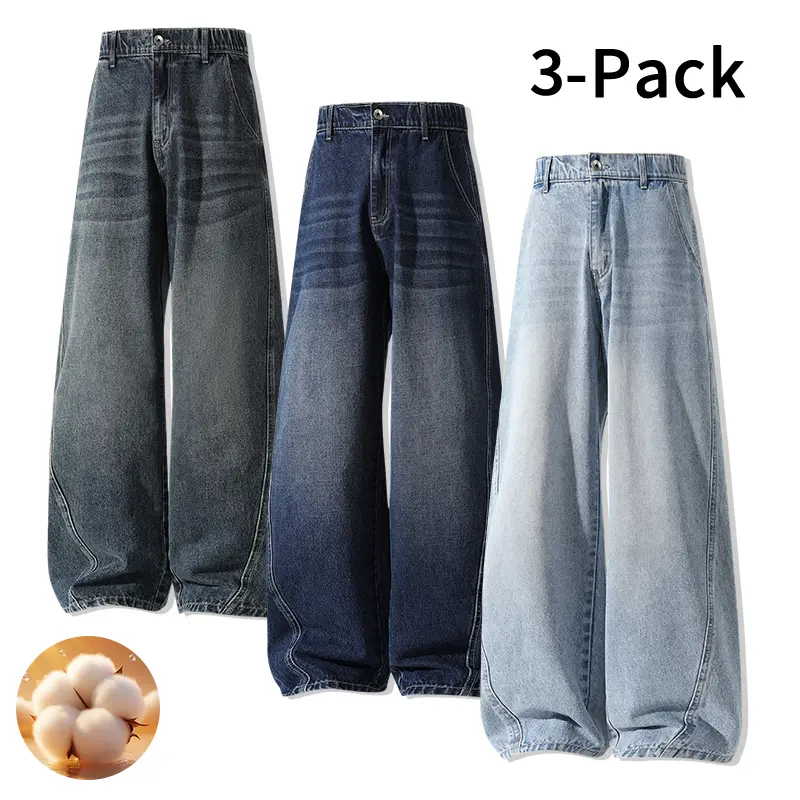 Men’s 3-Pack Washed Assorted Vintage High Waist Baggy Wide Leg Straight Denim Jeans - Chic, Buttons, Vintage Fits, 90s Look, Menswear, Polyester, Clothes, 1990s Aesthetic Street Casual Sportswear
