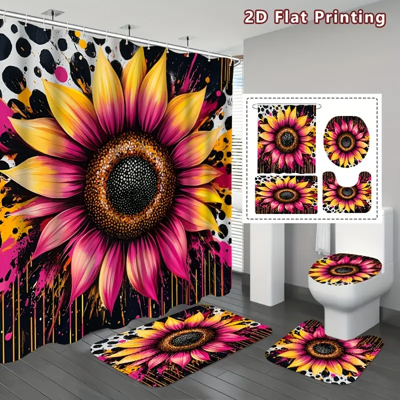 4pcs 2D Flat Sunflower Art Shower Curtain Set, Vibrant Sunflower and Paint Splashes Bathroom Decor, Accessories with Bath Mat, U-shaped Mat, Toilet Lid Cover, 12 Hooks , Modern Art Decor, Home Decor