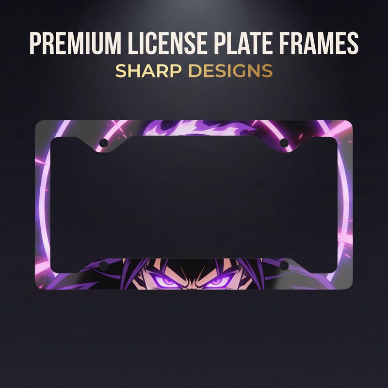 Purple Demon Eyes Metal License Plate Frame Anime Glow Car Accessory with Unique Cutaway Shape and Vivid Full-Color Printing