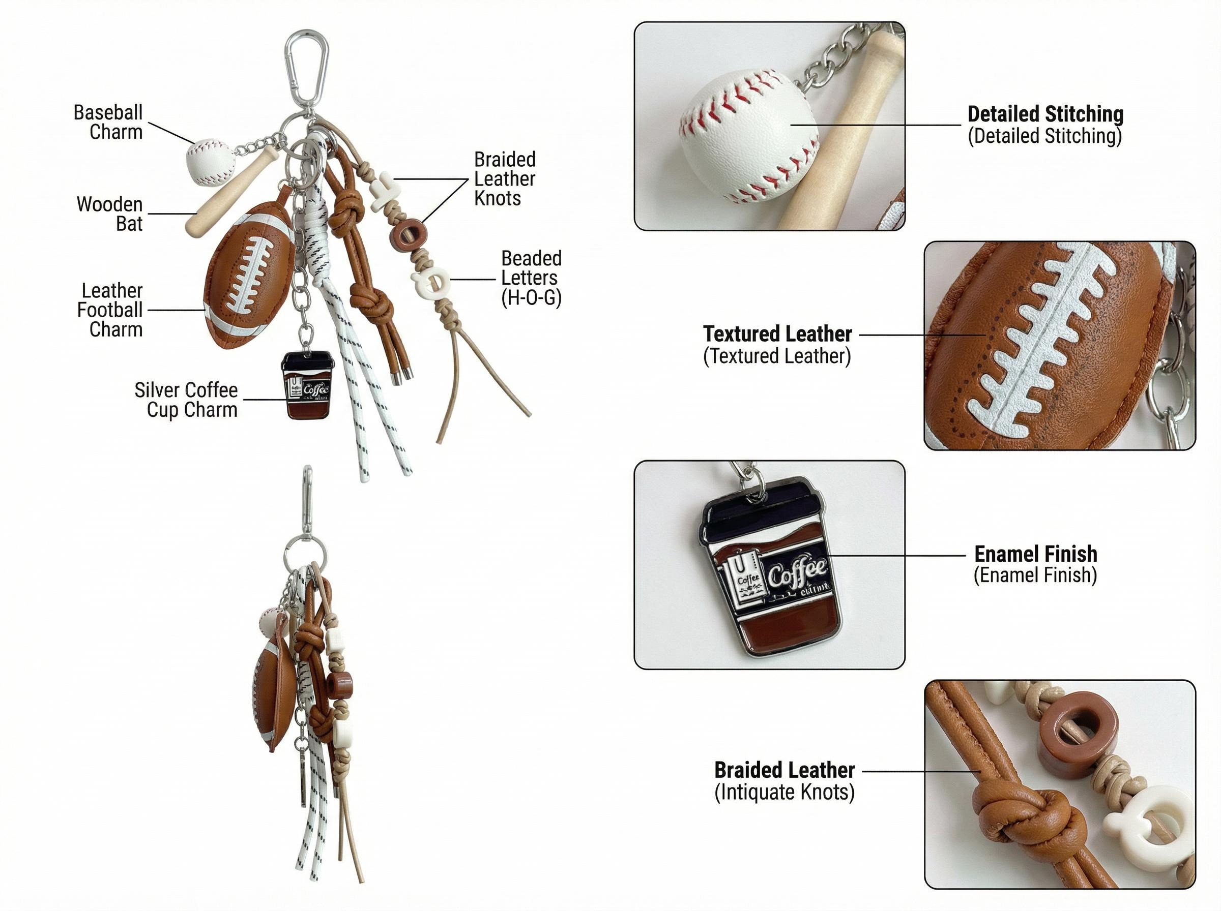Sports Fanatic's Collection: Sports Themed Keychain Set of 5 - Baseball Football Coffee Cup Charms, Braided Leather Cord with Beaded Letters, Bag Accessories for Sports Fans