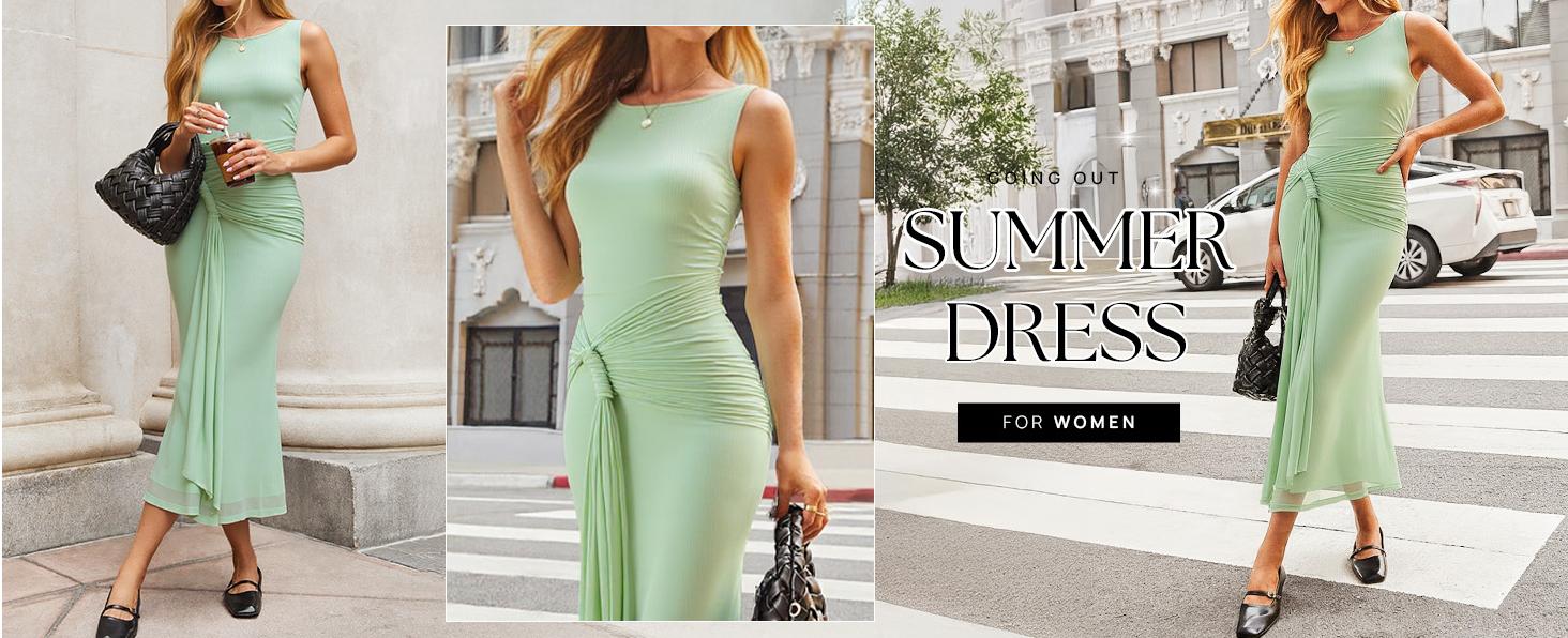 ZESICA Women's Summer Sleeveless Bodycon Dress 2026 Crewneck Ruched Sexy Mesh Wedding Guest Cocktail Party Maxi Dresses