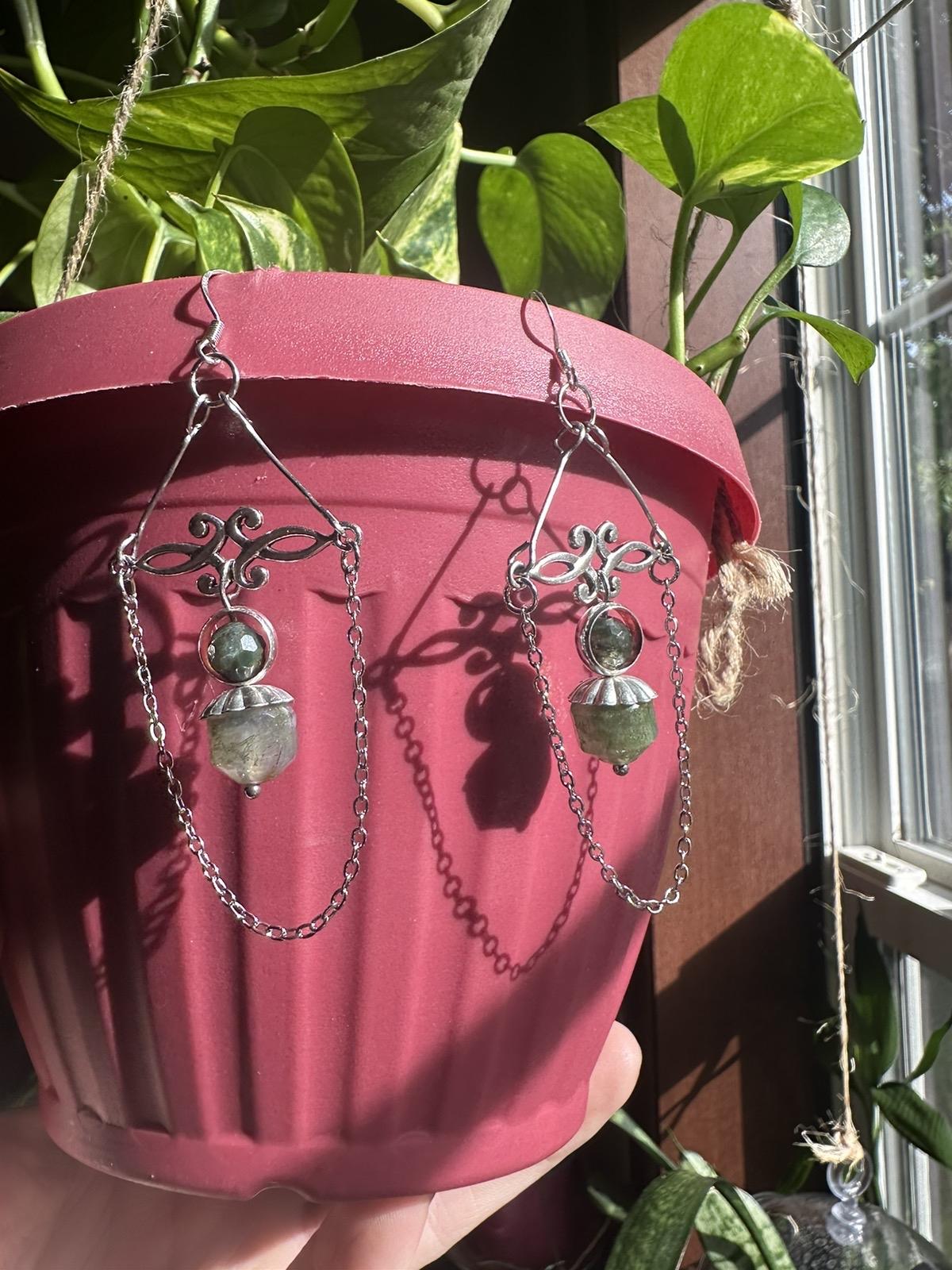 Moss Agate and stainless steel hand made natural crystal earrings with 925 silver hooks.