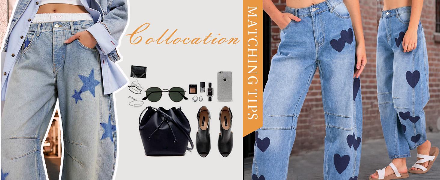 Chouyatou women's casual printed horseshoe jeans Y2k loose mid-rise versatile jeans SpringStatements