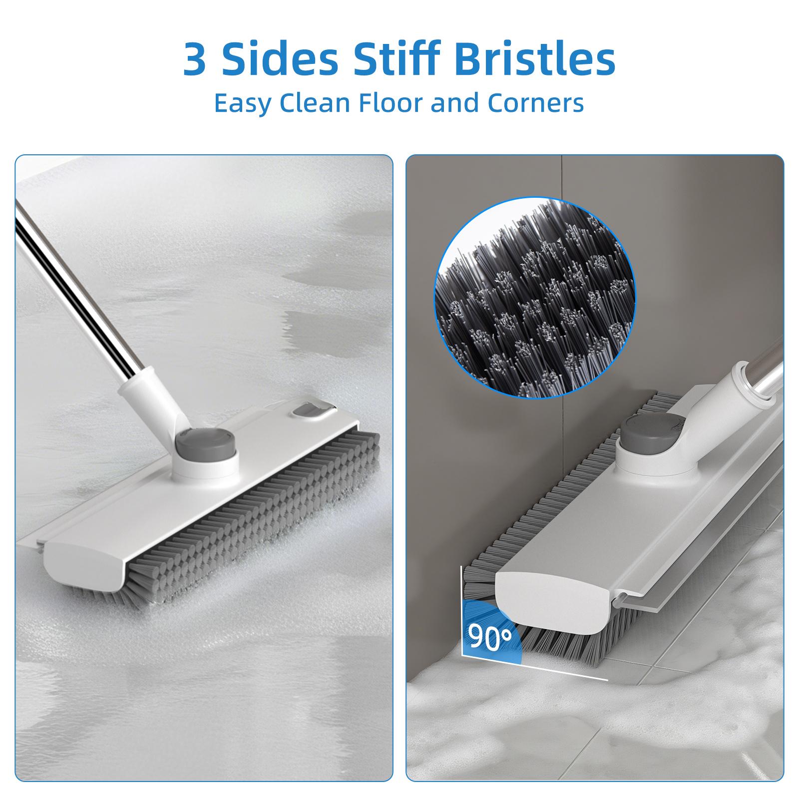 Glumzrk Scrub Brush with Long Handle, Floor Scrub Brush Squeegee Broom for Cleaning, 3 in 1 Shower Scrubber Floor Broom Squeegee for Concrete Tile Wall Deck Patio Grey White