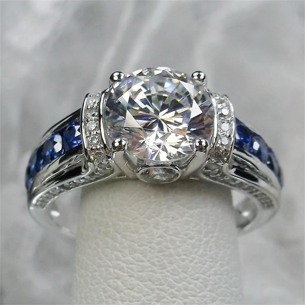 925 Sterling Silver 3CT Round Cut CZ Engagement Ring with Channel-Set Blue Sapphire Accents, Split Shank Promise Ring for Women, Hypoallergenic Bridal Jewelry