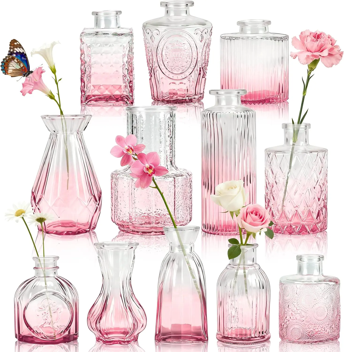 Der Rose 12-Piece Blush Pink Glass Small Bud Vases Set, Vintage Home Decorative Vases for Rustic Wedding Centerpieces and Farmhouse Home Decor, Home Decorative Vase