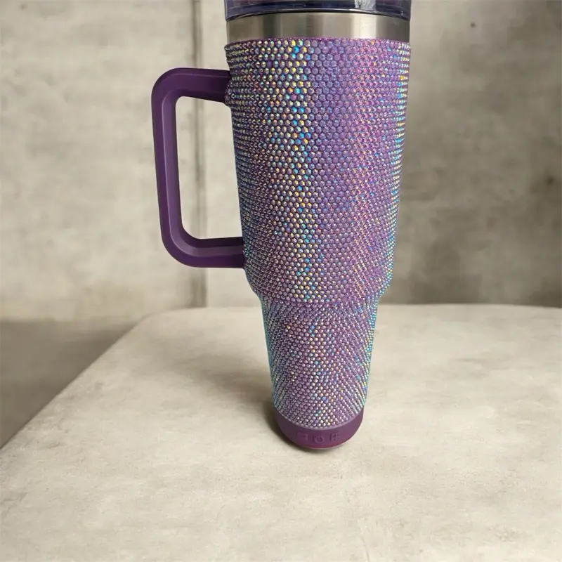 Bluetooth Tumbler with Purple Handle and Iridescent Design for On-the-Go Use