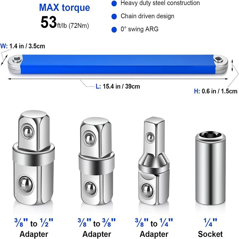 Heavy Duty Steel Offset Extension Wrench Set With 1/2-inch, 1/4-inch, 3/8-inch Drive Adapters, Adjustable 60° Swing Arm, Chain Drive, Ergonomic Grip, Pentagon Head Versatile Extension Mechanic's Tools Universal Extensions Wrench for Small Place