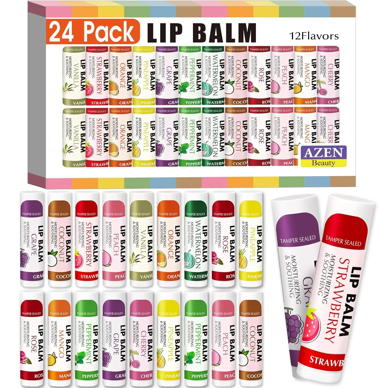 AZEN 24 Pack Lip Balm, Natural Lip Balm Bulk, Lip Care Product, Moisturizing Lip Balms for Dry Cracked Lips - 12 scents