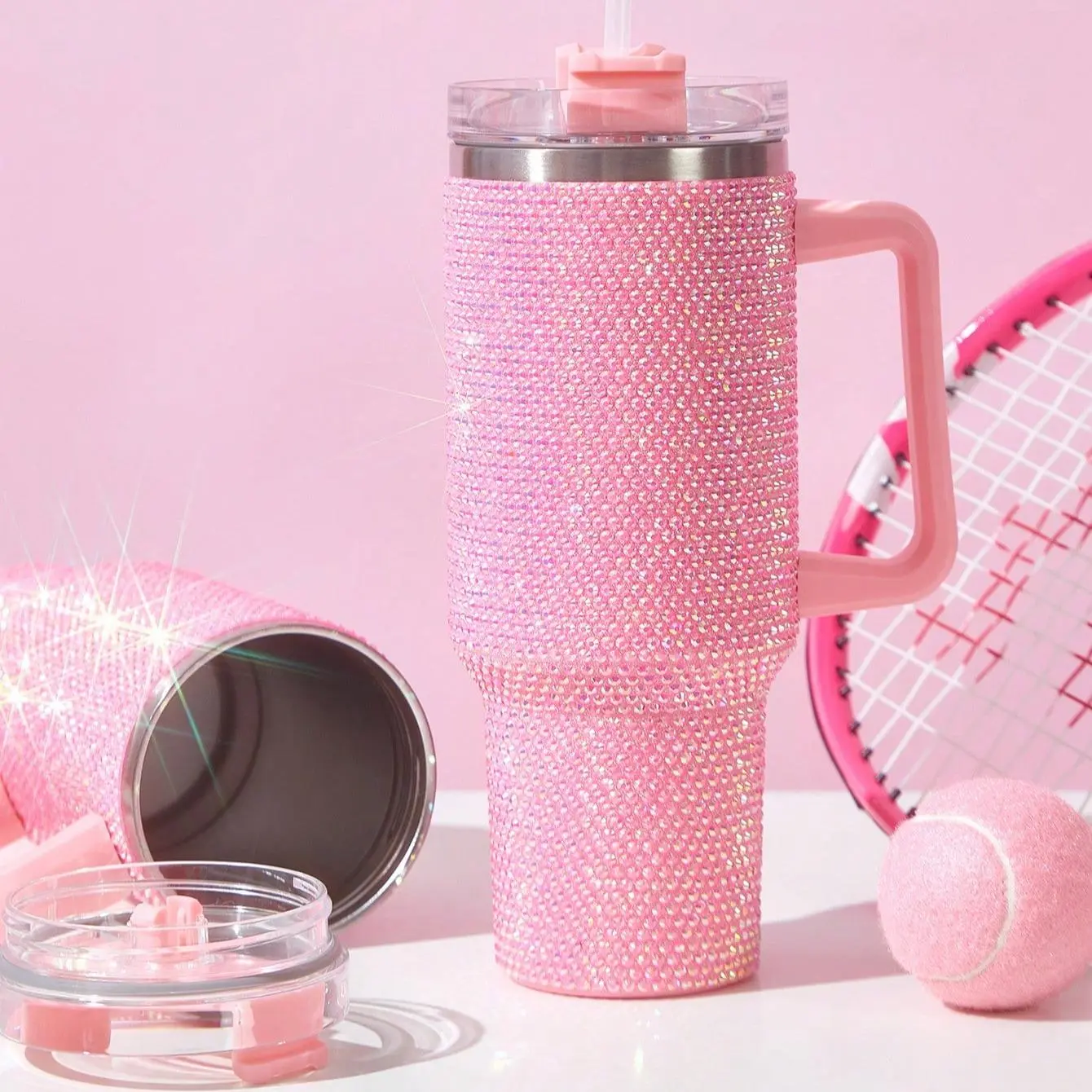 40oz Rhinestone Decor Stainless Steel Bathroom Tumbler with Handle & Straw, Glitter Vacuum Insulated Reusable Portable Water Bottle for Home, Outdoor Use, Water Bottles, Bottles