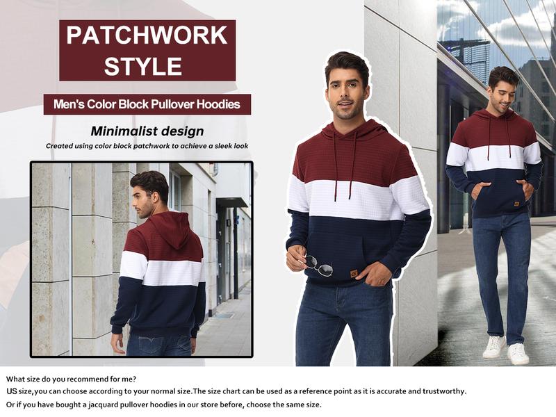 Men's Sweatshirts Long Sleeve Pullover Patchwork Plaid Jacquard Hoodie Casual Drawstring Hoody Top Breathable Sportswear with Kangaroo Pocket & Adjustable Drawstring