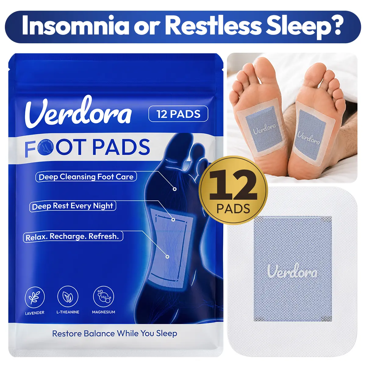 Good Night Foot Pads (12 Pads), Support Achy Feet, Easy One-step Application Overnight Detox Foot Pads with Magnesium, Lavender