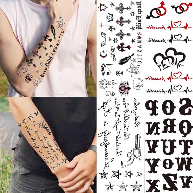 18 Sheets Black Inspired Quotes Temporary Tattoos For Women Kids Children Long Lasting Letter Alphabet Words Fake Tattoo Stickers Birds Cross ECG...