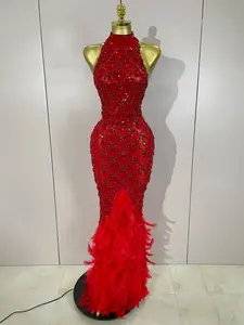 Keziah Luxury Red Rhinestone Feather Mesh Long Dress