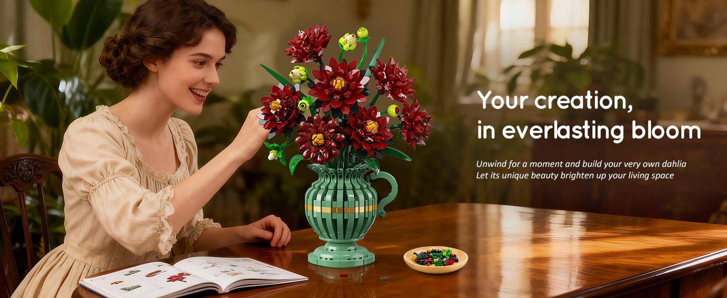 Black Dahlia Flowers Bonsai Building Set, Botanical Collection
