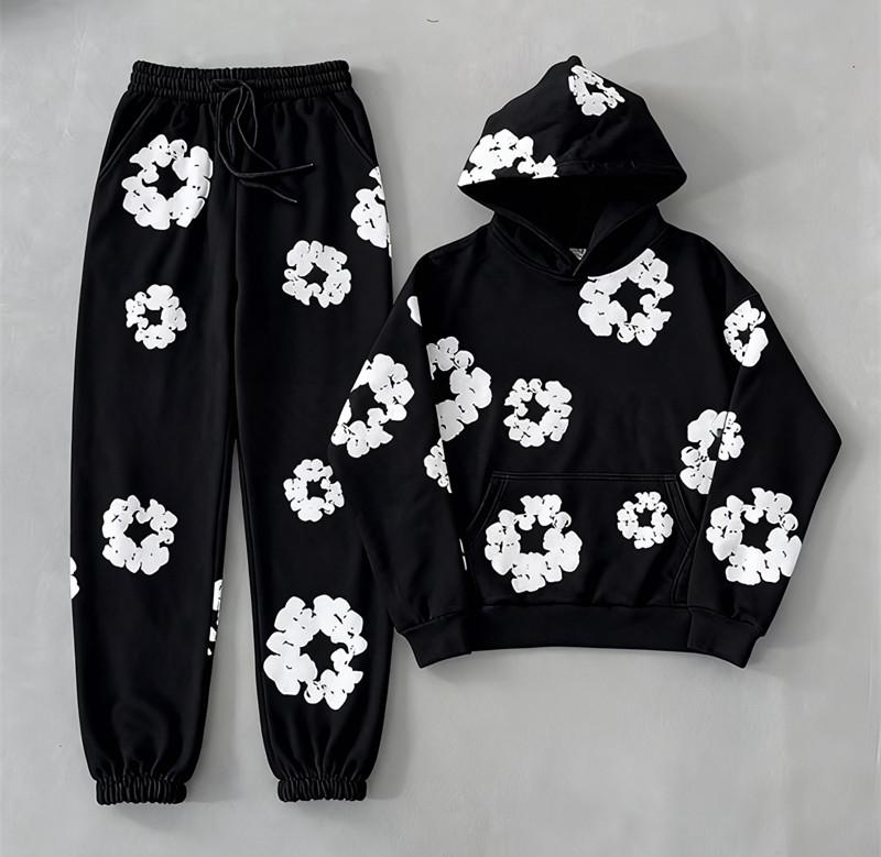 Denim Tears 2026 Women's Hoodie Set Cotton Foam Print Sweatpants Distressed American High Street Casual Sweatshirt Plus Size Black Short Sleeve Long Loose Fit Y2K Unisex 2-Piece Set Top Trouser Suits