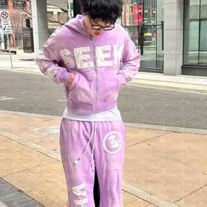 Men Women Clothing Autumn Winter Vintage High Street Y2K Letter Sticker Embroidery Casual Loose Hoodie Coat Straight Leg Pants Can be used with raincoat