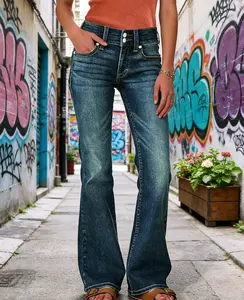 Women's Vintage Versatile Washed Stretch Denim Mid Rise Slim Boot Cut Jeans Wide Leg Jeans Casual High Waisted Stretch Baggy Loose Denim Pants