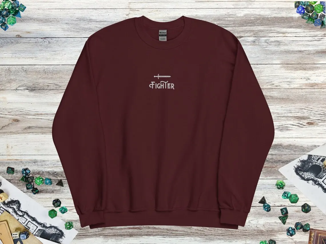 Embroidered DnD Fighter Class Crewneck Sweater, DnD Sweater, Dungeons and Dragons, DnD Gift, Men Women Unisex Sweater, Multiple Colors Cotton Fabric