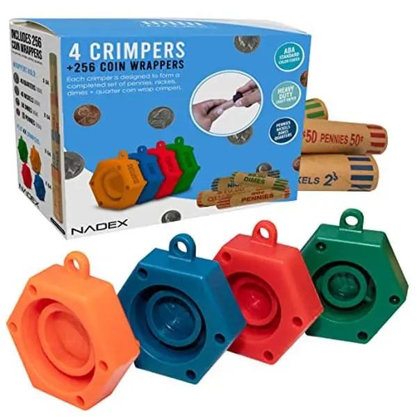 Nadex Coin Roll Wrappers with Crimping Tool - ABA Standards, Color-Coded Preformed Rolls for Dimes, Nickels, Quarters, Pennies, Secure Wrap Office Stationery Storage Accessory