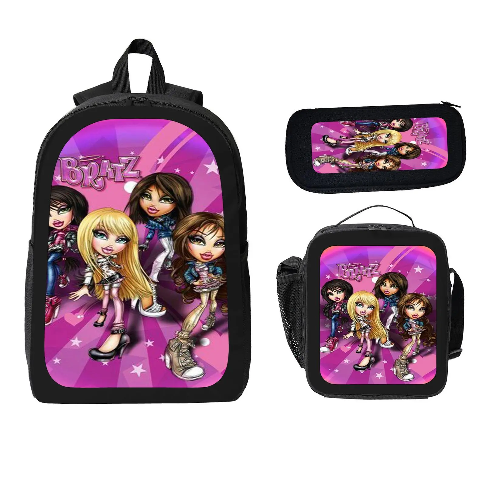 Bratz Annual  3 Pcs School Backpack Set for Boys Girls Kids, Large Capacity Bookbag with Insulated Lunch Bag Pencil Case, Water Resistant Travel Daypack for Elementary Middle School a-2