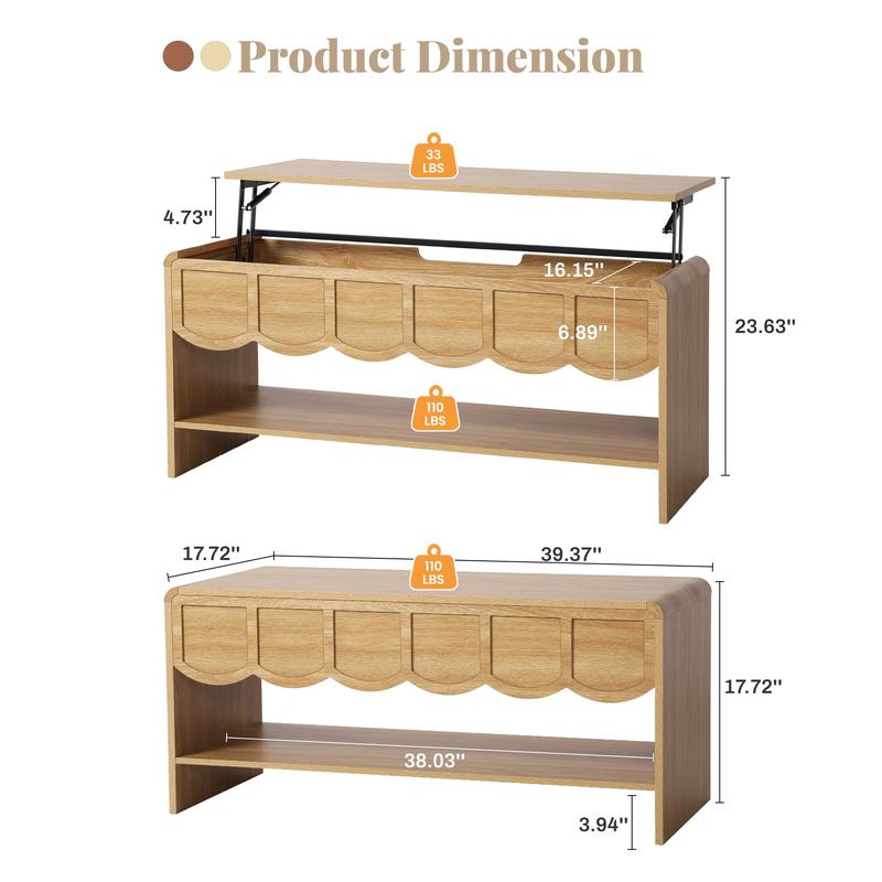 Giratree 39.37" Lift Top Coffee Table with Hidden Compartment, 2 Tier Wooden Center Table with Wave Panel, Modern Lift Tabletop for Home Living Room Office, Walnut