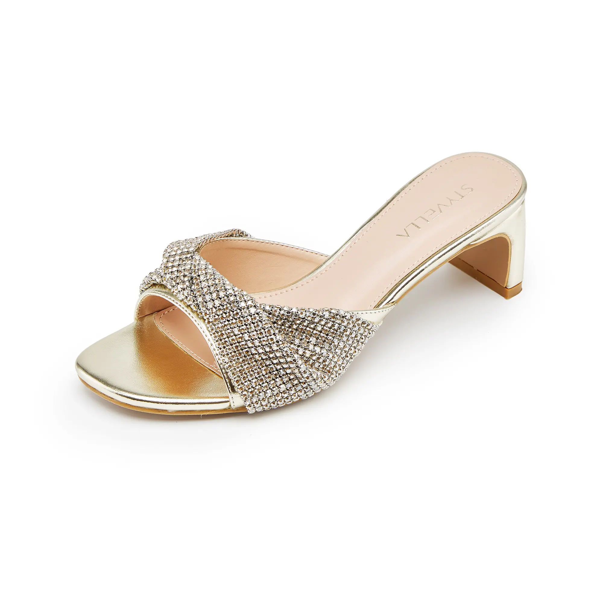 Women's Rhinestone Heels Knotted Mesh Block Heel Slip On Dress Sandals Open Toe Low Chunky Heel Wedding Evening Party Slide Shoes
