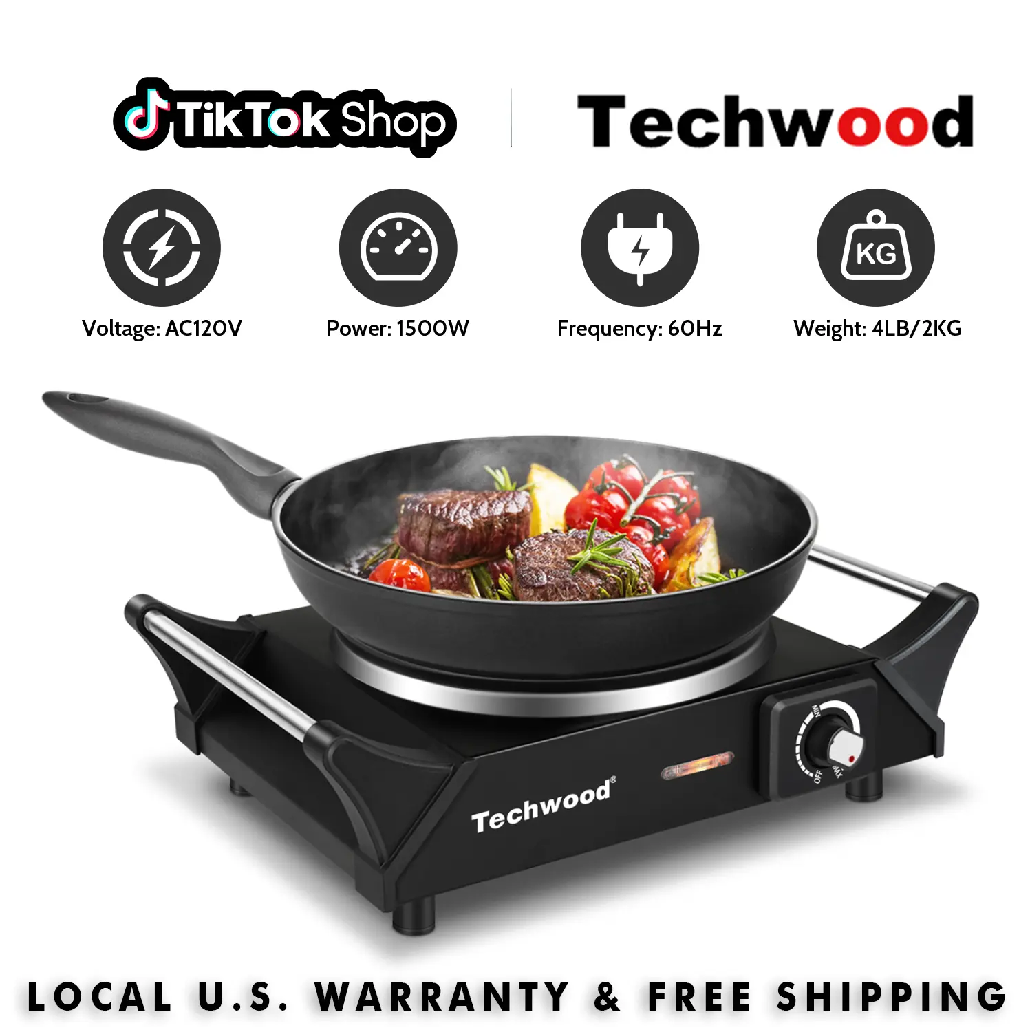 Techwood Corded Electric Hot Plate - 1500W Compact Look Countertop Single Flat Top Burner, 7.3in Brushed Cooktop, Adjustable Temp Control, Cool Touch Handles, Fast Heating, US Plug, AC120V, All-Cookware Fit, Countertop Fits Tight Kitchens