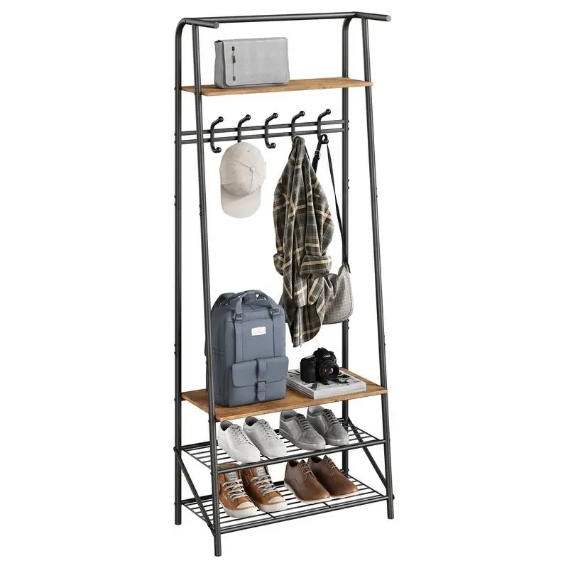 Single row Coat Rack Shoe Bench Organizer with 5/10 Hooks, 4 in 1 Entry Hallway Coat Rack with Storage Function, Metal Frame Hallway Organizer, Wood Look Decorative Furniture for Living Room Bedroom Clothes Storage