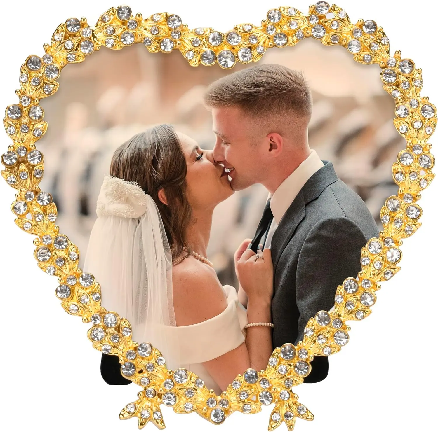 Heart Shaped Wedding Picture Frame - Crystal Beaded 4x4 (Gold)