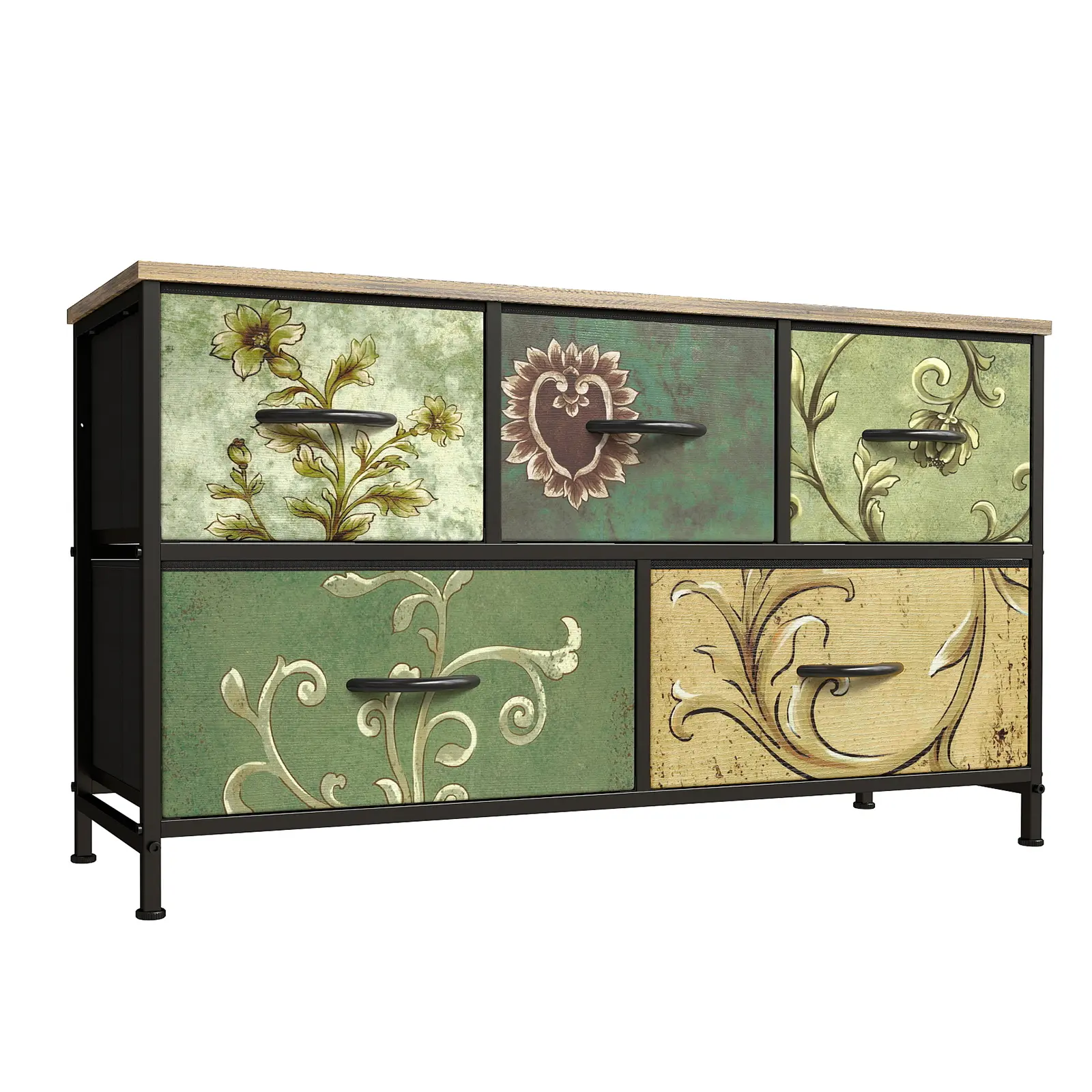 Floral Painted Fabric Dresser with 5 Drawers - Vintage Storage Tower with Sturdy Steel Frame & Wood Top for Bedroom, Entryway, Hallway, and Closet Organization