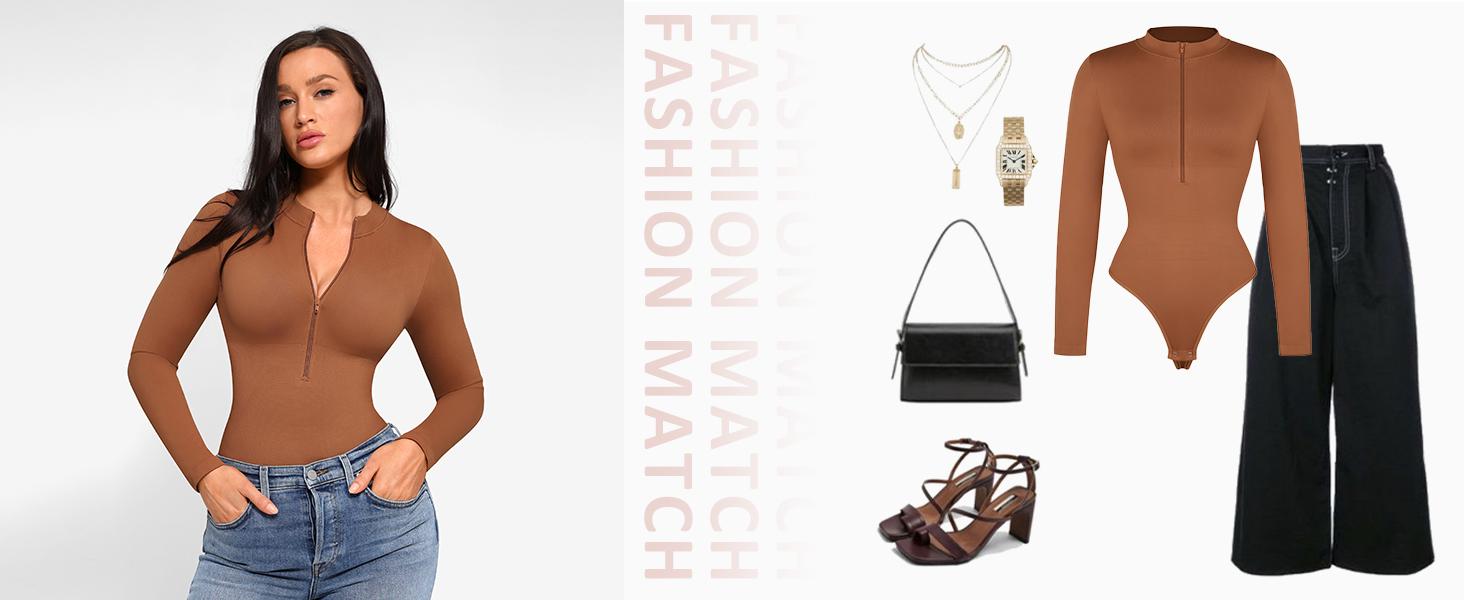 FeelinGirl Long Sleeve Bodysuit for Women Mock Turtle Neck Zip Up Design Tummy Control Bodysuit Shirts fall Breathable Fabric PR#2 FeelinGirl Long Sleeve Bodysuit for Women Mock Turtle Neck Zip Up Design Tummy Control Bodysuit Shirts fall Breathable Fabric PR#2