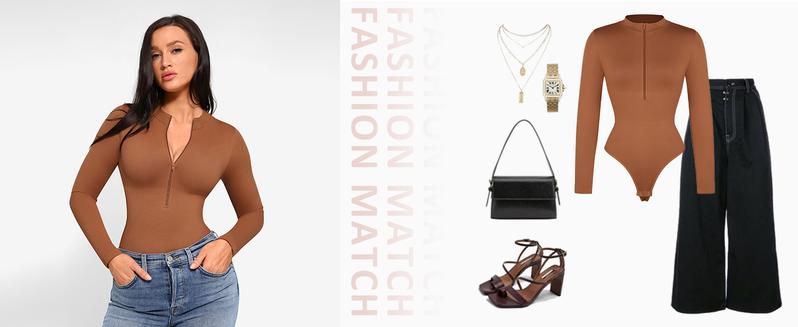 FeelinGirl Long Sleeve Bodysuit for Women Mock Turtle Neck Zip Up Design  Tummy Control Bodysuit Shirts fall   Breathable Fabric  PR#2