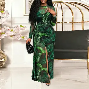 ChicMe Women's 2 Piece Set Tropical Plant Print Sheer Mesh Maxi Dress & Cami Mini Dress Elegant High Slit Tie Waist Long Sleeve Outfits