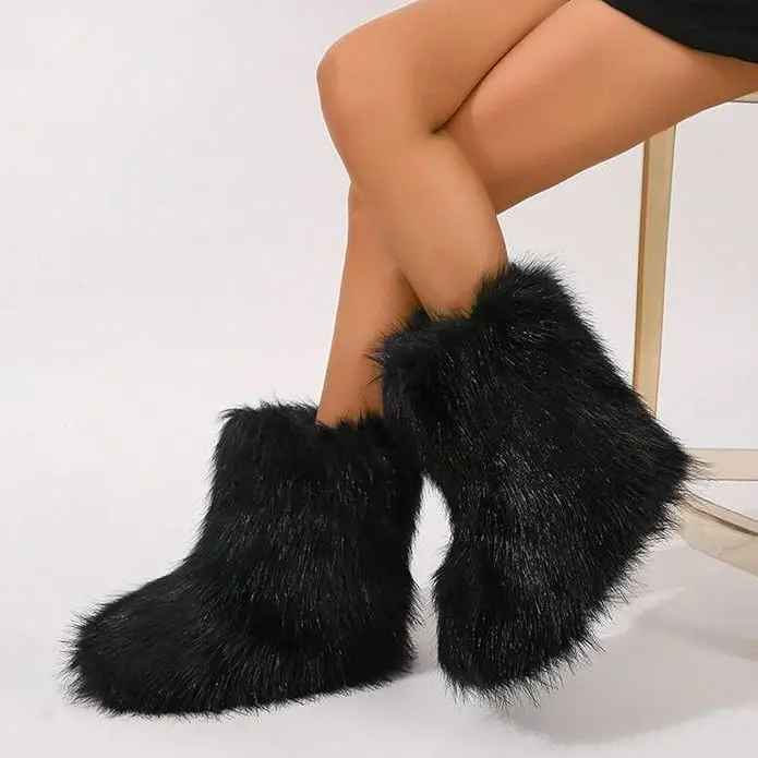 IUV Women's Fluffy Faux Furry Boots Snow Boots for Women Winter Round Toe Suede Mid-Calf Outdoor Indoor Flat Comfy Plush Warm Short Boots Y2K Fashion Non-Slip Sole Brown Black Pink White