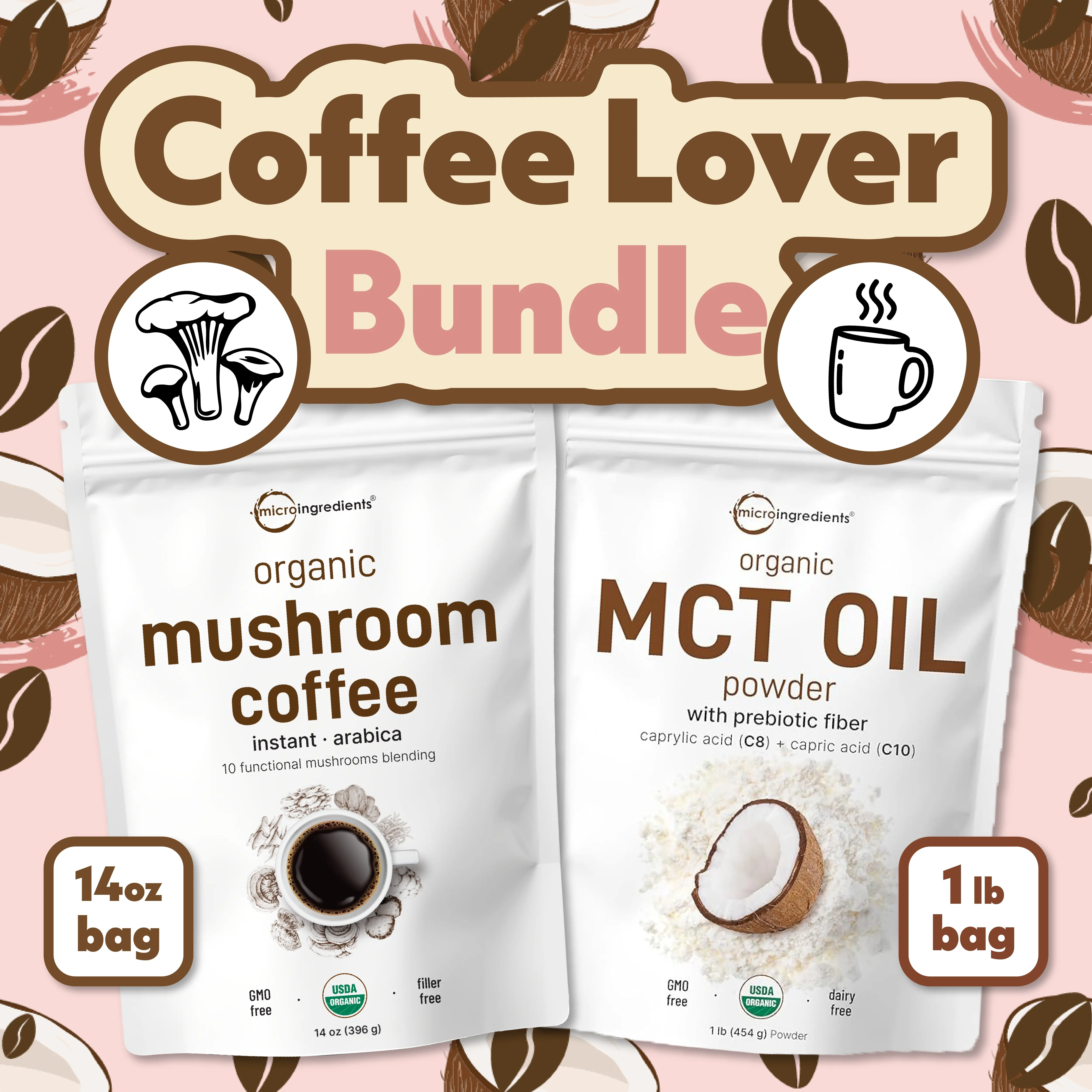Micro Ingredients Coffee Lover Bundle: Organic Mushroom Coffee 14OZ & MCT Oil Powder 1LB