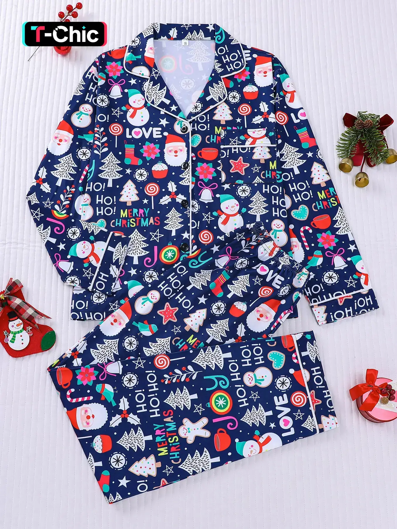 2-piece set of Christmas letters, Santa Claus socks, Christmas tree print, long sleeved pants, soft and comfortable, Knitted, skin friendly and smooth top, small pocket, button closure, elastic waistband, suitable for all seasons, home decor, casual wear