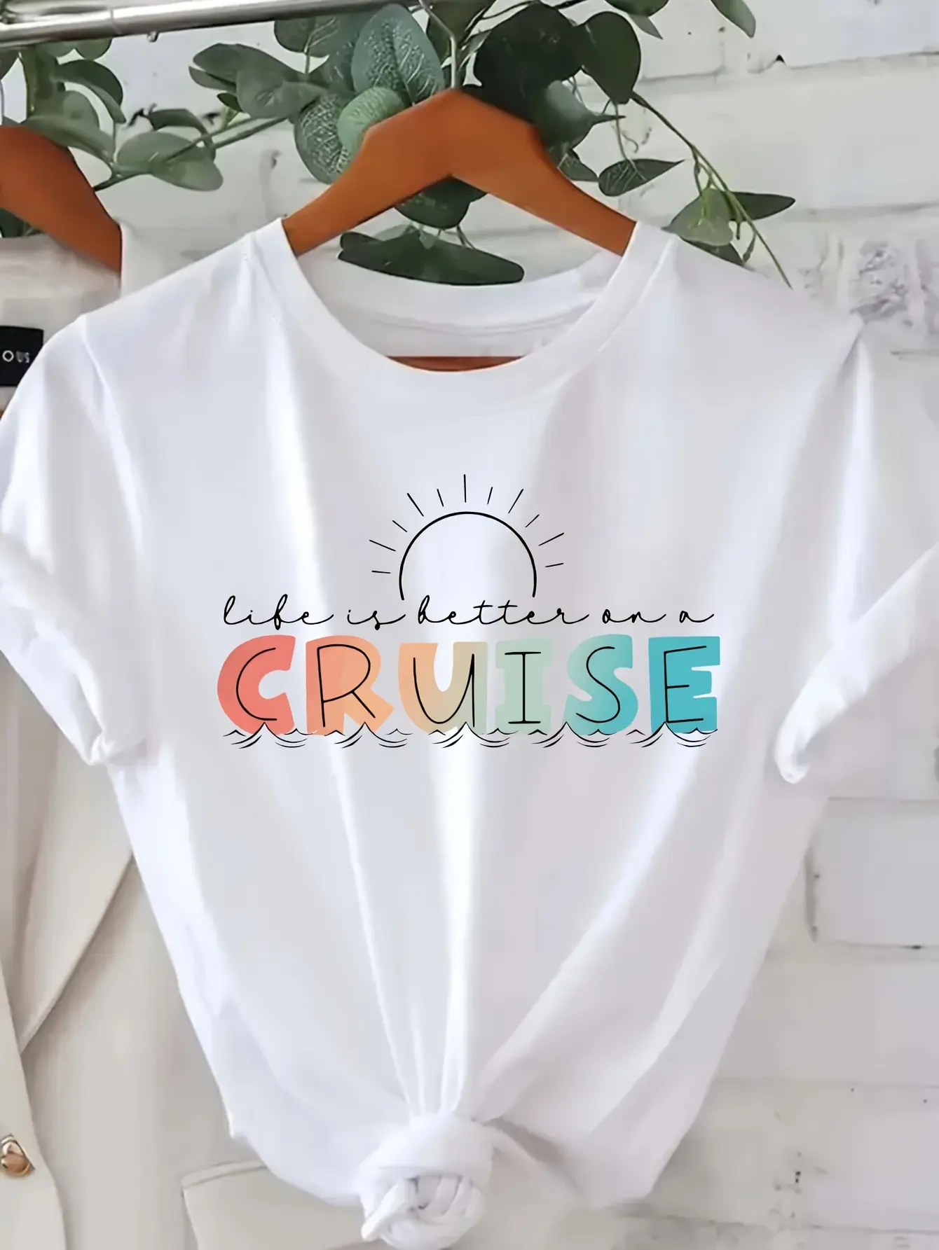 Women's Casual Pattern T-Shirt- Fun Cruise English Print Design, Short Sleeve Round Neck, Machine Washable, Spring Summer Casual Fit, Women's T-Shirt