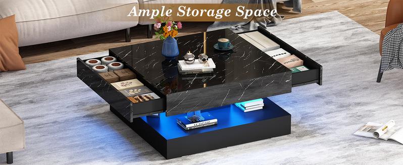 33.9" LED Coffee Table with Large Storage Cabinet, Modern High-Gloss Living Room Table with 2 Drawers, Double-Layer Big Square Center Table for Living Room Decor, Home & Office