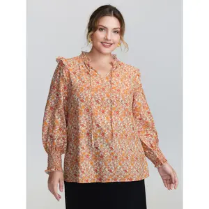 【Summer Turn-Up】【Neck-Lengthening】BlOOMCHIC Plus Size Chiffon Floral Print Ruffled Shoulder Blouse [M-6X] 2026 Summer Pick for Mother's Day
