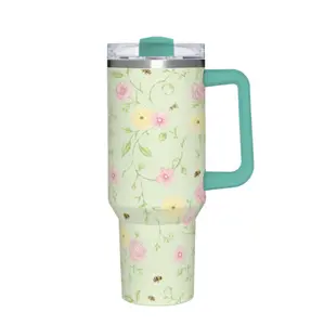 40oz Sage Green Floral Bee Insulated Tumbler with Handle & Lid - Drinkware Flask, Cottagecore Travel Mug for Hot & Cold Drinks, Women’s Cute Garden Coffee Cup for Office & Gift, Flasks