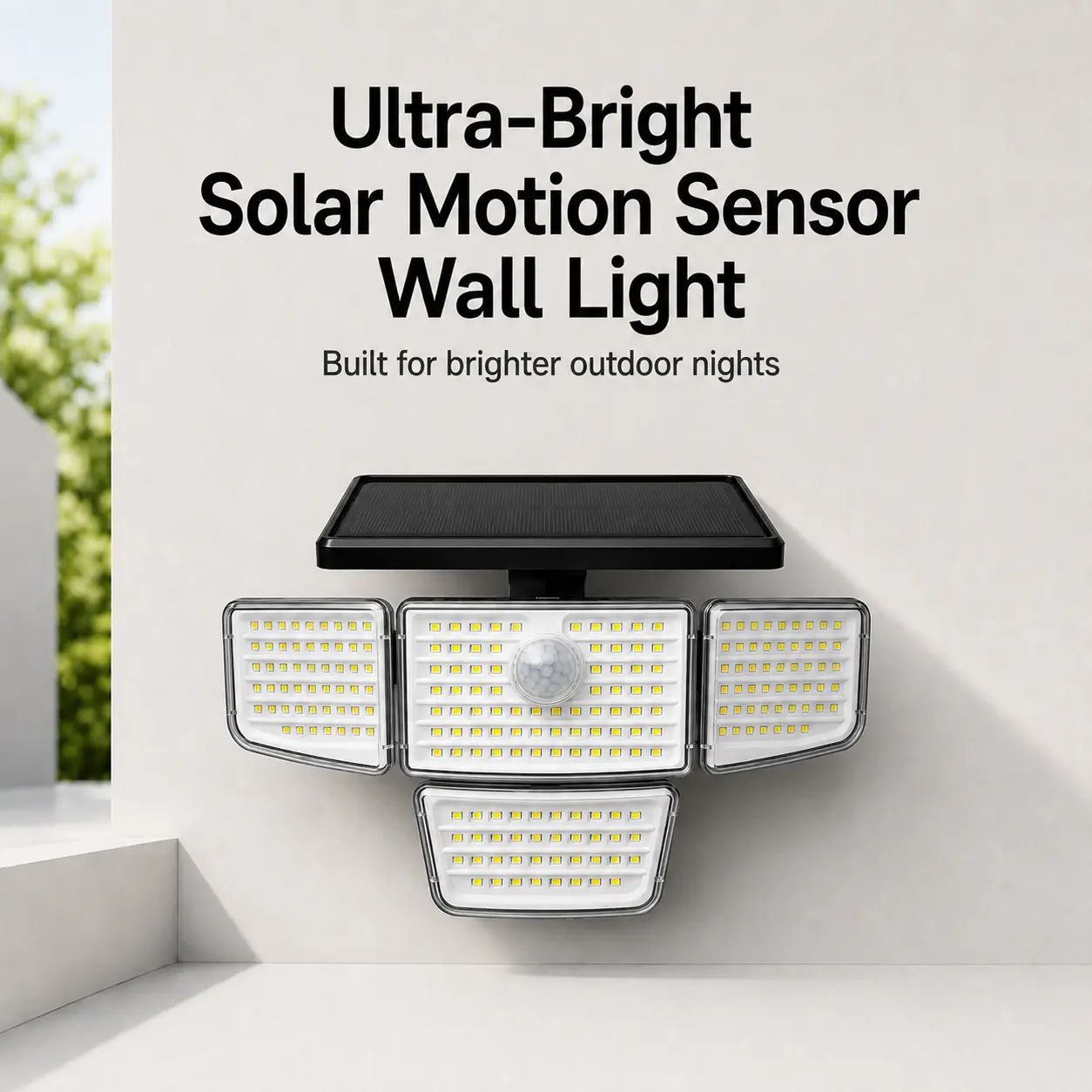 Solar Outdoor Motion Sensor Lights - 212LED 3000LM, 4 Adjustable Heads, 3 Dimmable Modes, IP65 Water Resistant, Plastic Body, Auto Shut-Off, Remote Control, Batteries Included for Yard, Garage