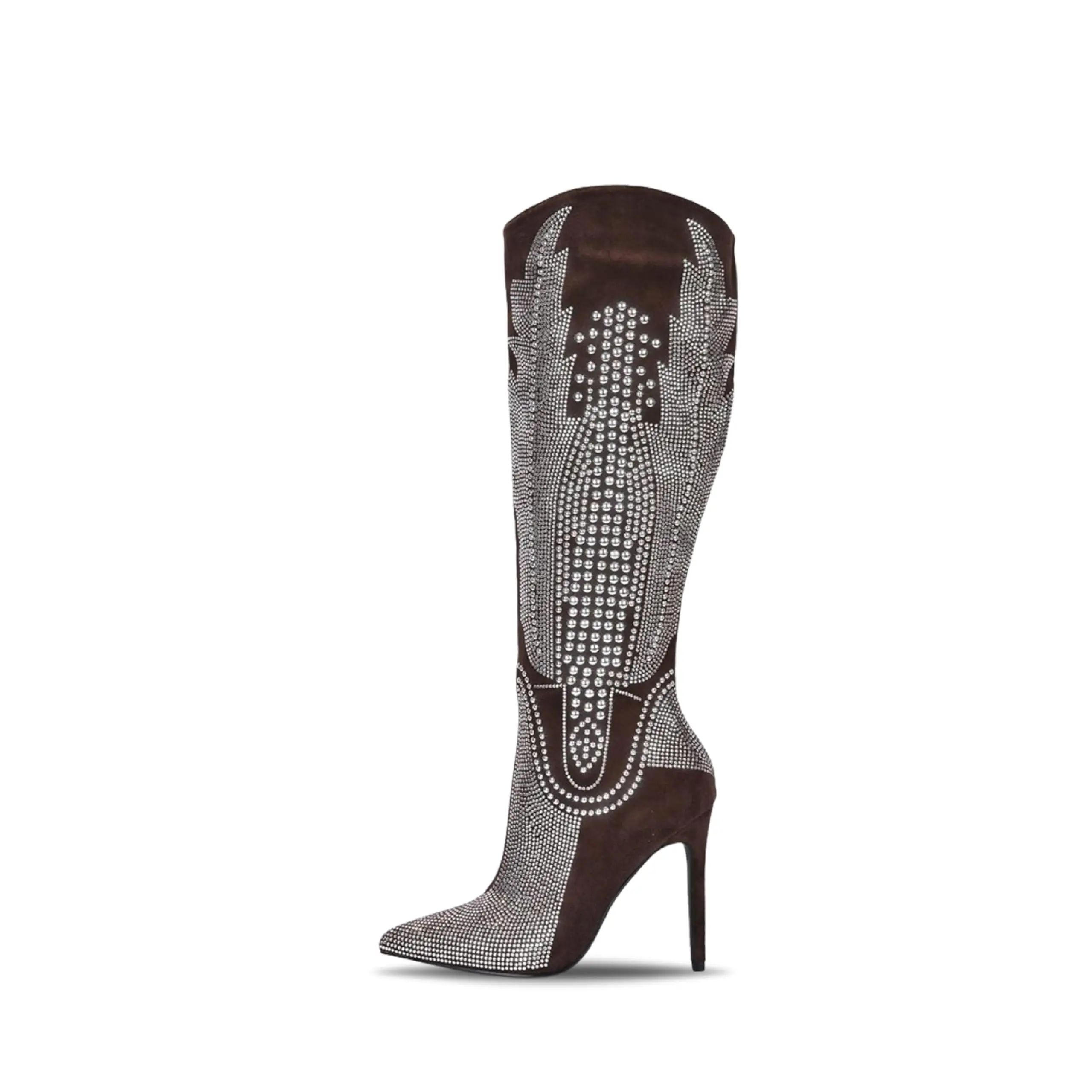 Women's Rhinestone Cowboy Boots with Stiletto High Heel, Knee-High Pointed Toe Dress Wear Shoe, Wide Calf Western Footwear, Rhinestones