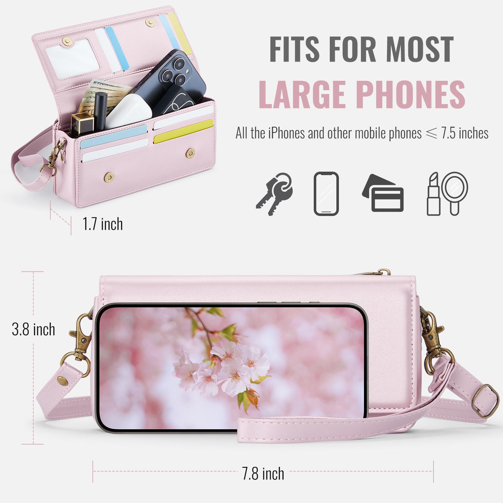 Crossbody Phone Wallet Women RFID Blocking Multi Card Slots with Detachable Wristlet Shoulder Strap Zipper Pocket