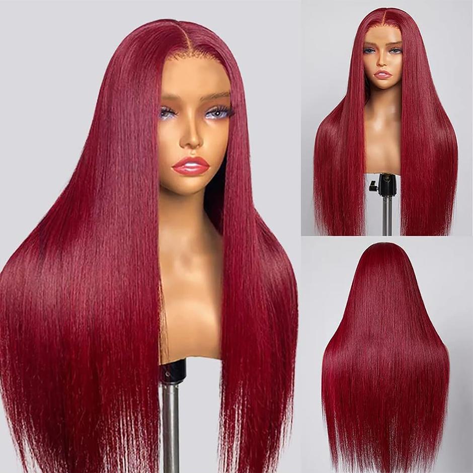YAWAWE HAIR 99J Burgundy Red Lace Front Wigs Human Hair Straight 13x6 Transparent Lace Frontal Wigs Human Hair Pre Plucked with Baby Hair Colored Lace Front Hair Wigs for Women